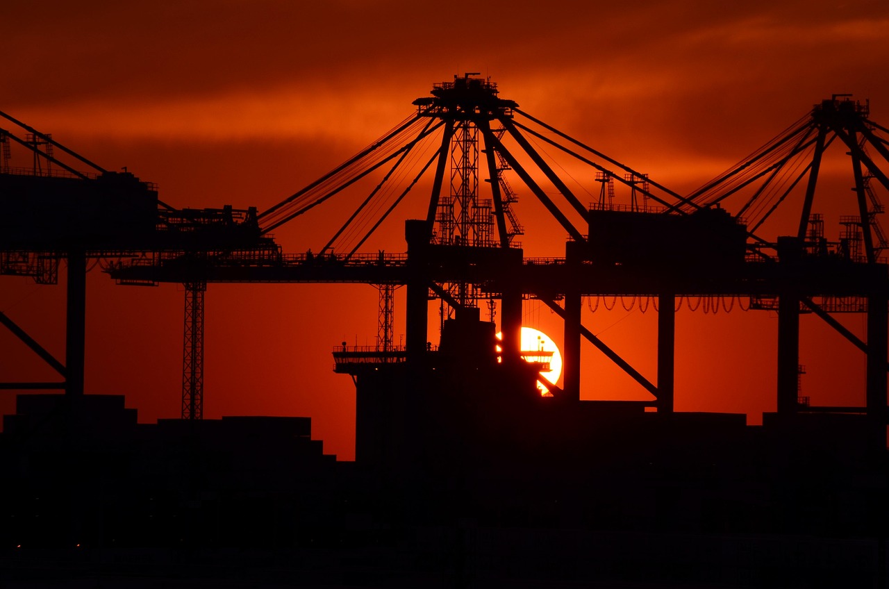industry, sunset, port facility, mood, sky coloring, nature, container port, port cranes