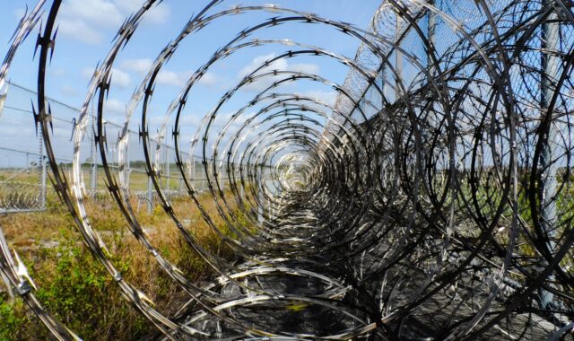 prison fence, razor ribbon, wire, metal, fence, barbed, barb, prison, spikes, barbwire, captive, captured, arrested, prisoner, inmate, detained, jail, protected, immokalee, florida, corrections, correctional institution, justice, law enforcement, police, prison, prison, prison, prison, prison, jail, jail
