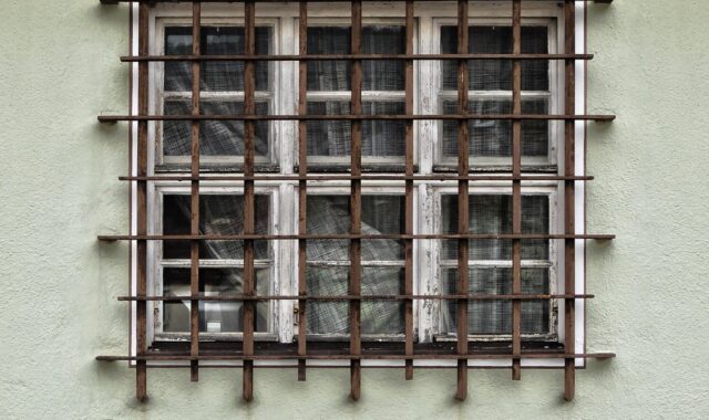 facade, grid, window, barred, iron railings, burglar alarm, old window, wall, building, old, house, old building, architecture, steel construction