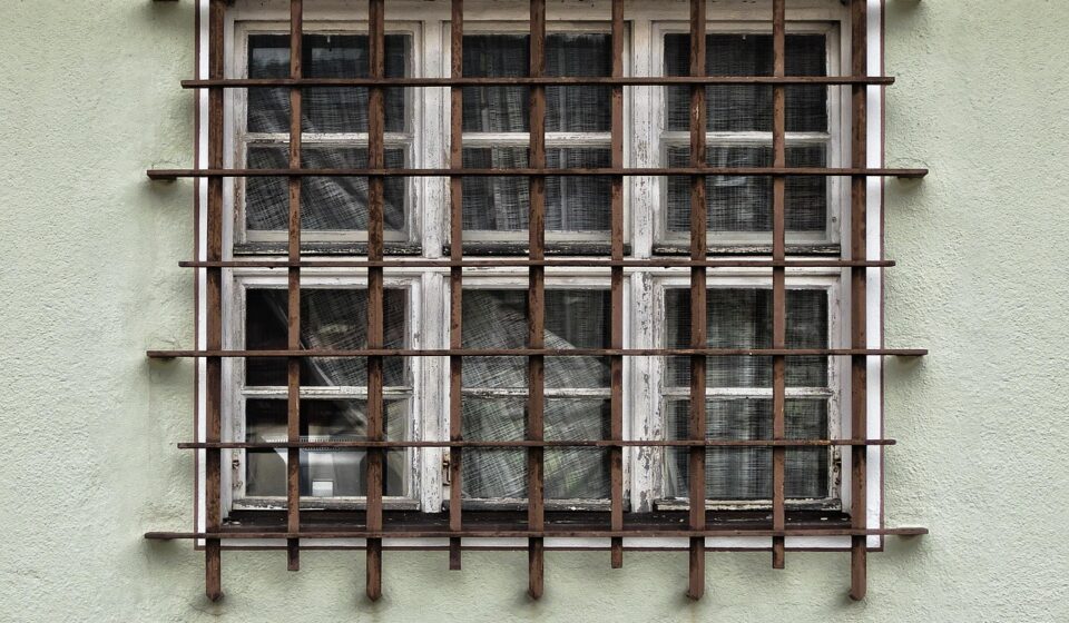 facade, grid, window, barred, iron railings, burglar alarm, old window, wall, building, old, house, old building, architecture, steel construction
