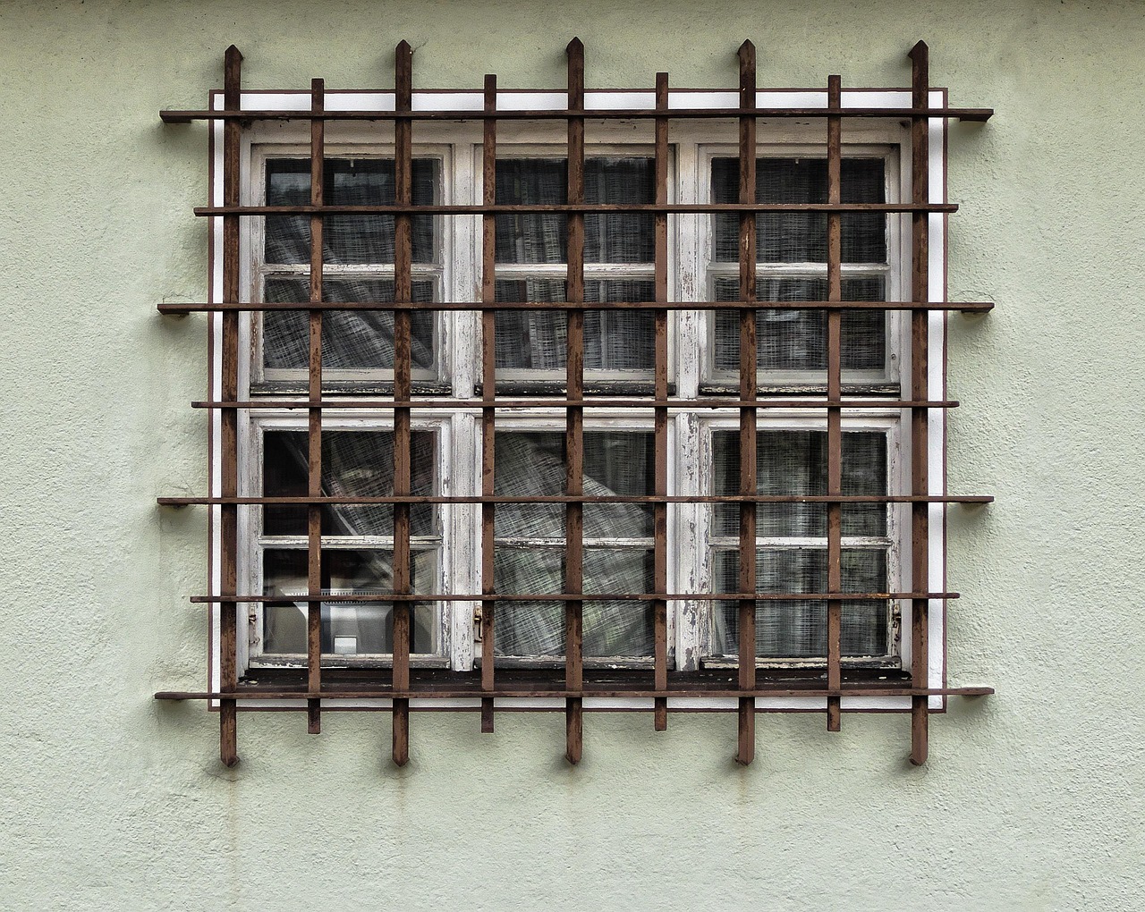 facade, grid, window, barred, iron railings, burglar alarm, old window, wall, building, old, house, old building, architecture, steel construction