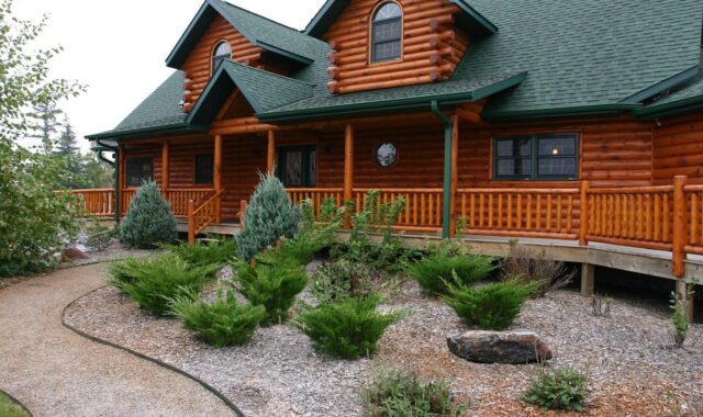 log home, house, cabin, log cabin, landscaping, home, log, building, country, cottage, wooden, tree, estate, structure, window, residential, timber, nature, construction, residence, property, exterior, comfort