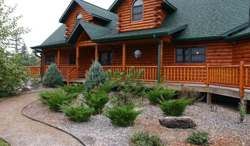 log home, house, cabin, log cabin, landscaping, home, log, building, country, cottage, wooden, tree, estate, structure, window, residential, timber, nature, construction, residence, property, exterior, comfort