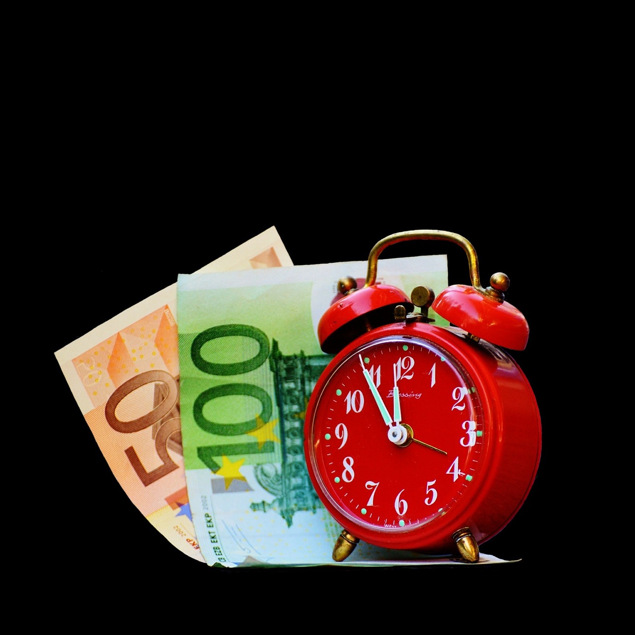 time is money, the eleventh hour, banknotes, alarm clock, clock, time, moneybag, hours, dial, pointer, catastrophe, way of thinking, one hundred, fifty