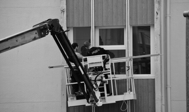 black-and-white, building, house, industry, outdoors, people, technology, urban, vehicle, window, gray window, gray industry